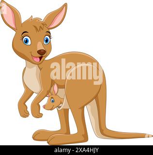 Dessin animé kangourous heureux avec bébé Joey isolé sur fond blanc Illustration de Vecteur