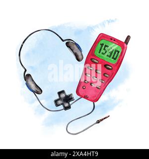 Vieux téléphones mobiles, casque avec cordon et composition de boutons de jeu. Illustration d'aquarelle dessinée à la main isolée avec fond bleu délavé. années 80 années 90 Banque D'Images