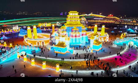 Antenne des bâtiments illuminés faits de glace, Festival international de sculptures de glace et de neige, Harbin, Heilongjiang, Chine, Asie Copyright : m Banque D'Images