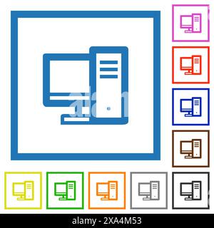 Ordinateur de bureau contour des icônes de couleur plate dans des cadres carrés sur fond blanc Illustration de Vecteur