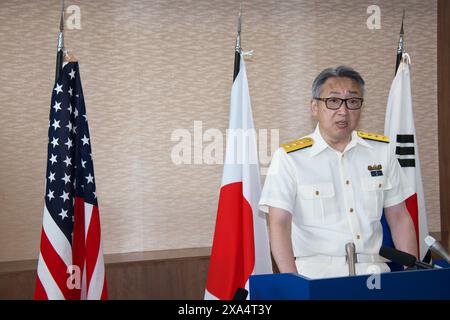 Maizuru, Japon. 04 juin 2024. Le chef du 8e quartier général régional de la Garde côtière, Takahiro Hisada, prend la parole lors d'une conférence de presse au 8e quartier général régional de la Garde côtière à Maizuru, préfecture de Kyoto, Japon, le mardi 4 juin 2024. Photo de Keizo Mori/UPI crédit : UPI/Alamy Live News Banque D'Images