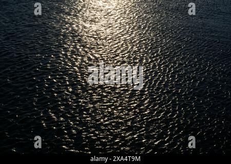 La lumière du soleil se réfléchissant sur la surface ondulante d'un plan d'eau au crépuscule. Banque D'Images