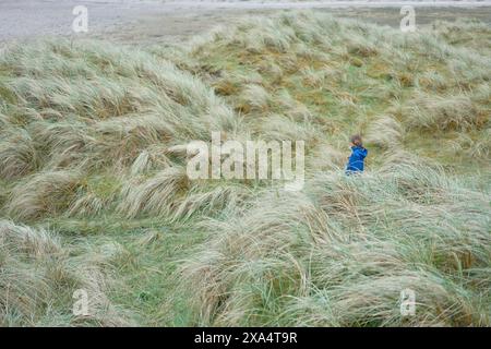 Un enfant en veste bleue se tient debout dans un champ d'herbe haute balayée par le vent, paraissant contemplatif ou perdu. Banque D'Images