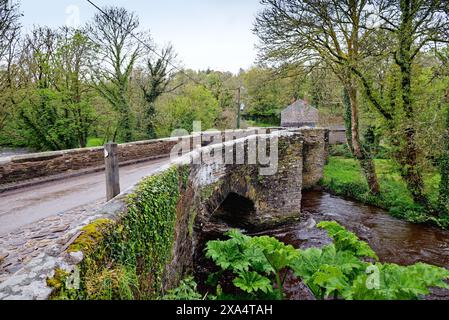 Le pont médiéval à Hellandbridge qui passe au-dessus de la rivière Camel près de Bodmin profond dans la campagne de Cornouailles Angleterre Banque D'Images