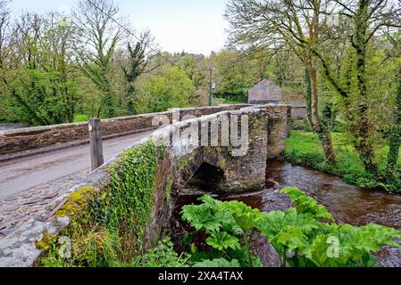 Le pont médiéval à Hellandbridge qui passe au-dessus de la rivière Camel près de Bodmin profond dans la campagne de Cornouailles Angleterre Banque D'Images