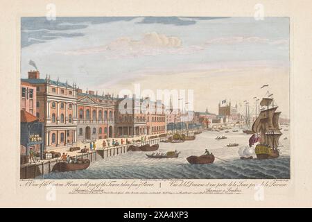 Une gravure en couleur de la Custom House, à côté de la Tamise Londres en 1751 Éditeur Robert Sayer Printer était Thomas Bowles horizon du XVIIIe siècle et perspective historique du paysage urbain gravant aquarelle ancienne impression antique Banque D'Images