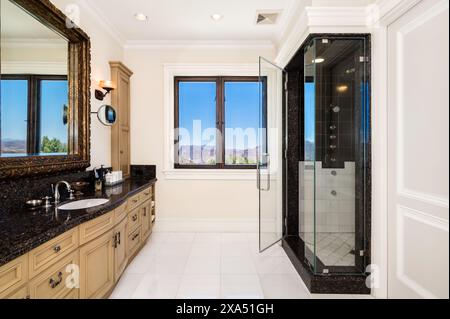 Salle de bains luxueuse avec douche en verre, meuble-lavabo en bois orné et armoires Banque D'Images