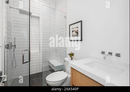 Salle de bains moderne avec carrelage blanc et noir, armoires en bois et parquet Banque D'Images