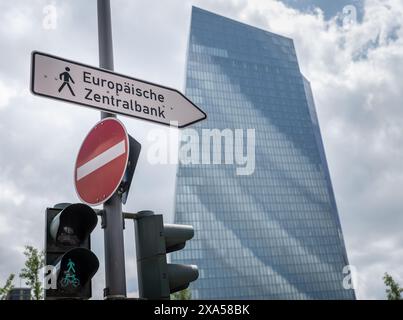 04 juin 2024, Hesse, Francfort-sur-le-main : un panneau à un feu vert indique le sentier menant à l'entrée du siège de la Banque centrale européenne (BCE) à Francfort-sur-le-main. Photo : Frank Rumpenhorst/dpa Banque D'Images