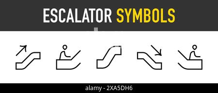 Icônes de symboles d'escalier roulant. Escalator flèche vers le haut, flèche vers le bas, icône de vecteur de personne. Contour modifiable. Illustration de Vecteur
