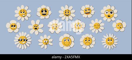 Ensemble visage de fleurs de marguerite groovy heureux. Personnages de fleurs funky, de jolies camomilles souriantes avec des lunettes de soleil dans le style rétro psychédélique à la mode y2k. Hippie Funny floral stickers collection, plante trippy compris Illustration de Vecteur