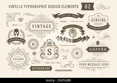 Éléments de conception typographique vintage set illustration vectorielle. Étiquettes et badges, rubans rétro, symboles de logo ornés de luxe, tourbillons calligraphiques, flouri Illustration de Vecteur