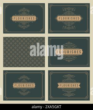 Cartes de voeux d'ornement vintage définir des modèles vectoriels. Fleurit les cadres ornementaux et le fond de motif pour les invitations de mariage, la publicité ou OTHE Illustration de Vecteur