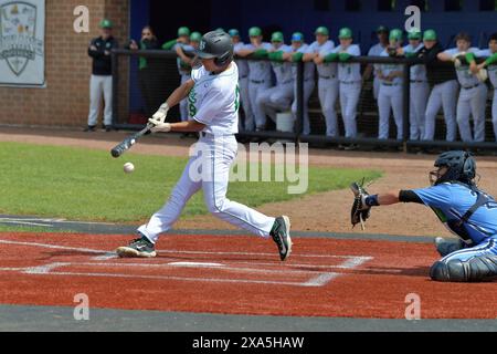 Illinois, États-Unis. Frapper se balançant et manquant un ptich lors d'un match éliminatoire d'après-saison du lycée. Banque D'Images