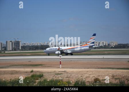 L'avion Smartwings après avoir atterri à l'aéroport Ben Gourion, tel Aviv, Israël Banque D'Images