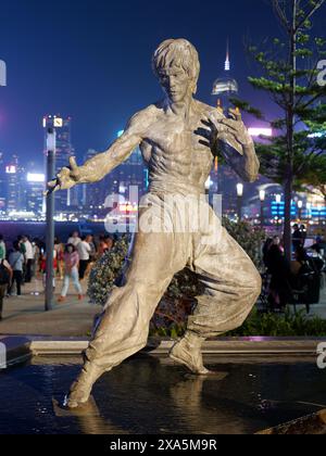 Vue de la statue commémorative en bronze de l'artiste martial Bruce Lee debout sur l'avenue des étoiles de Hong Kong sur le front de mer de Kowloon la nuit Banque D'Images