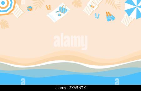 Côte et plage avec parasols, chaises longues et articles d'été, vue de dessus. Illustration vectorielle plate avec espace de copie Illustration de Vecteur