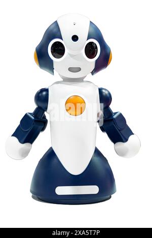 AI petit robot bleu avec visage humain et corps isolé sur fond blanc. Humanoïde. Intelligence artificielle. Banque D'Images