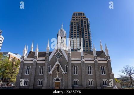 Le Salt Lake Assembly Hall a été construit dans un style néo-gothique victorien sur Temple Square à Salt Lake City, Utah. Banque D'Images