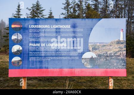 Panneau du phare de Louisbourg en Nouvelle-Écosse, Canada Banque D'Images