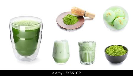 Ensemble de boissons matcha et desserts sur fond blanc Banque D'Images