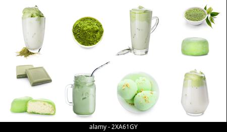 Ensemble de boissons matcha et desserts sur fond blanc Banque D'Images