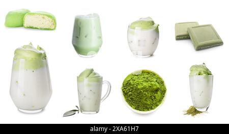 Ensemble de boissons matcha et desserts sur fond blanc Banque D'Images