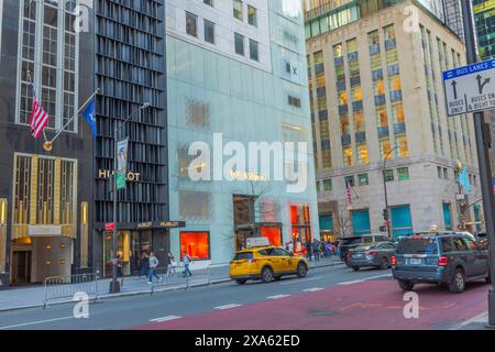 Belle vue sur la boutique de la marque Louis Vuitton et les voitures se déplaçant le long de la Cinquième Avenue. New York. ÉTATS-UNIS. Banque D'Images