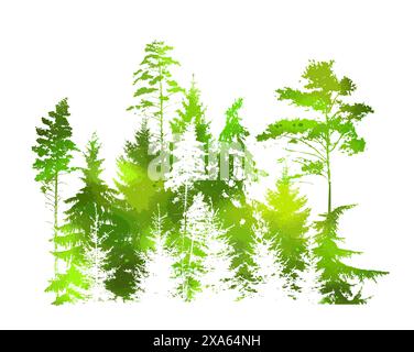 Silhouette verte nature. Forêt avec arbres. dessin à la main. Pas IA. Illustration vectorielle Illustration de Vecteur
