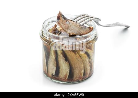 Sprats fumés dans un bocal en verre isolé sur un fond blanc Banque D'Images