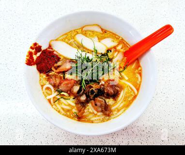 Une vue de dessus du traditionnel Singapore Laksa avec lait de coco et légumes Banque D'Images