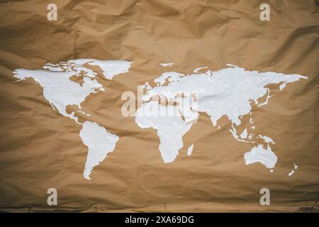 Carte du monde dessinée à la main sur fond de papier brun Banque D'Images