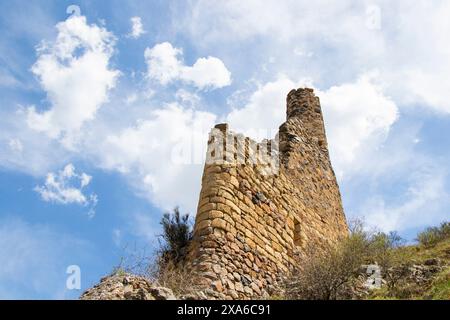 Une vue panoramique sur la forteresse de Tmogvi nichée parmi les montagnes imposantes Banque D'Images