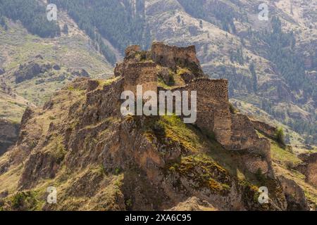 Une vue panoramique sur la forteresse de Tmogvi nichée parmi les montagnes imposantes Banque D'Images