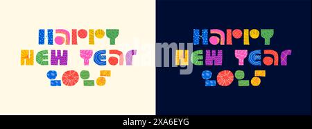 Bonne année 2025 inscription vacances d'hiver inscription concept de texte décoratif abstrait. Lettrage moderne de formes graphiques colorées. Logo créatif festif positif. Carte de voeux artistique de la veille de célébration. EPS Illustration de Vecteur