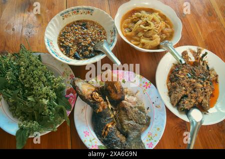 Poisson-chat grillé ou pla duk yang, soupe de bambou aigre ou Keng No mai, sauce au tamarin et conseils de neem sur une table en bois Banque D'Images