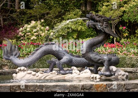 La grande sculpture de fontaine de dragon en bronze à Butchart Gardens, Victoria, C.-B. Banque D'Images