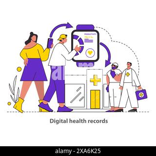 Concept de dossiers de santé numériques. Les professionnels de santé interagissent avec une grande smartwatch affichant les données patient. Intégrer la technologie dans la prise en charge des patients. Illustration vectorielle. Illustration de Vecteur