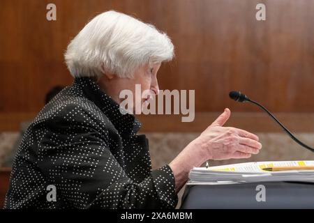 Washington, États-Unis. 04 juin 2024. La secrétaire au Trésor Janet Yellen prend la parole lors d'une audience du sous-comité des crédits du Sénat sur les services financiers et le gouvernement général au Capitole à Washington, DC, le mardi 4 juin 2024. Photo de Ken Cedeno/UPI crédit : UPI/Alamy Live News Banque D'Images