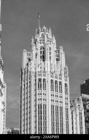 Image monochrome des bâtiments de Chicago avec un feu de circulation Banque D'Images