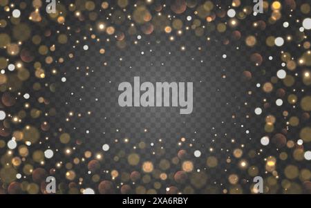 Image bokeh. Bordure dorée floue. Modèle brillant de Noël. Cercles lumineux pour carte de voeux ou invitation. Reflets abstraits de lentille sur le dos transparent Illustration de Vecteur