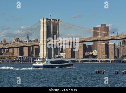 vue sur le pont de brooklyn au-dessus de la rivière hudson avec le fond d'horizon de new york (paysage urbain de manhattan) détail de la photographie en couleur, scénique, voyage, tourisme, v Banque D'Images