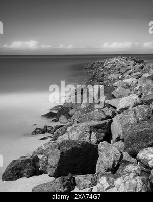 Image en noir et blanc de groyne à Omaha Beach au nord d'Auckland Banque D'Images