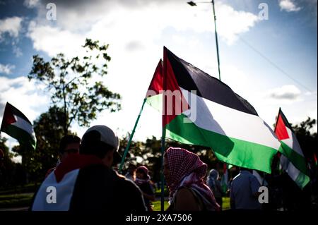 Bogota, Colombie. 04 juin 2024. Des manifestants prennent part à une manifestation de soutien à la Palestine le 4 juin 2024 à Bogota, en Colombie. Photo par : Sebastian Barros/long Visual Press crédit : long Visual Press/Alamy Live News Banque D'Images