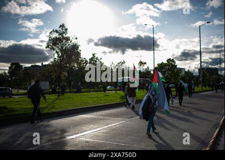 Bogota, Colombie. 04 juin 2024. Des manifestants prennent part à une manifestation de soutien à la Palestine le 4 juin 2024 à Bogota, en Colombie. Photo par : Sebastian Barros/long Visual Press crédit : long Visual Press/Alamy Live News Banque D'Images