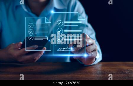 Concept commercial de signature électronique. Le gestionnaire signe électroniquement l'approbation de l'investissement, l'approbation de l'entreprise, l'exécution du plan, l'approbation du projet. numérique Banque D'Images