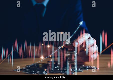 Concept de trading de fonds. Homme d'affaires planifiant des investissements à long terme, achetant des fonds communs de placement DCA, analysant les tendances économiques, volatilité des marchés boursiers, prise Banque D'Images