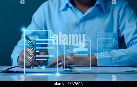 Concept commercial de signature électronique. Le gestionnaire signe électroniquement l'approbation de l'investissement, l'approbation de l'entreprise, l'exécution du plan, l'approbation du projet. numérique Banque D'Images