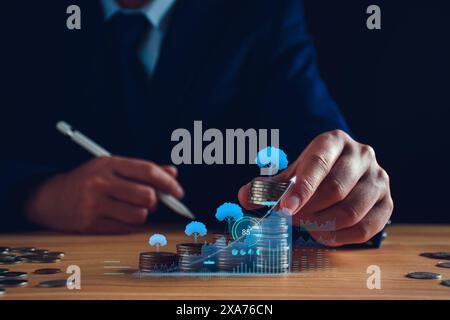 Concept de trading de fonds. Les taux d'intérêt continuent d'augmenter. Homme d'affaires planifiant des investissements à long terme, les affaires continuent de croître, volati de marché boursier Banque D'Images