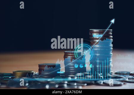 Concept de trading de fonds. Les taux d'intérêt continuent d'augmenter. Homme d'affaires planifiant des investissements à long terme, les affaires continuent de croître, volati de marché boursier Banque D'Images